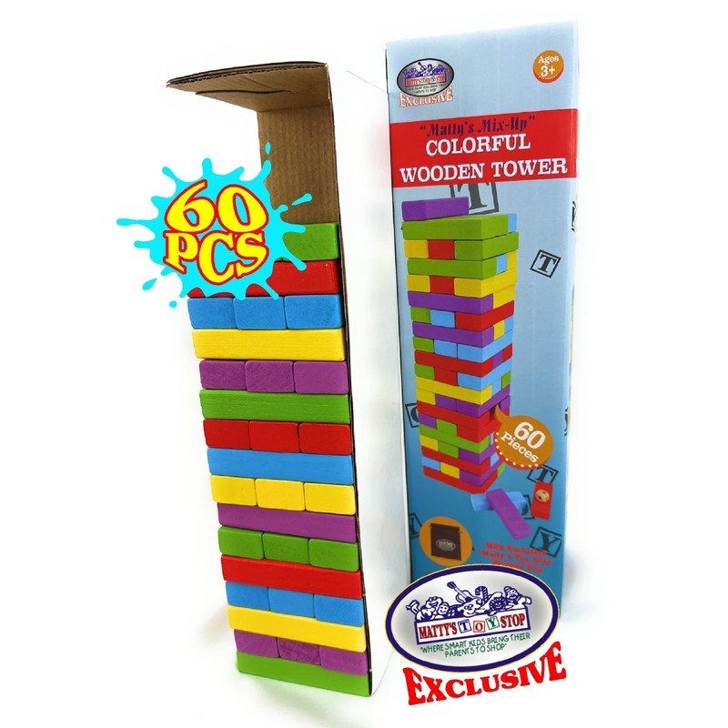Matty's Mix-Up 60pc Large Colorful Wooden Tumble Tower Deluxe Stacking