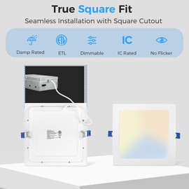 HONZIN 12 Pack 3 Inch Square Recessed Lighting, 5CCT Ultra Thin Square Recessed LED Downlight with Junction Box, 2700K/3000K/3500K/4000K/5000K Selectable, Dimmable,6W, Canless IC Rated, White Trim