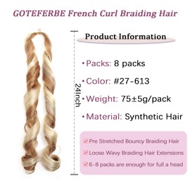 French Curl Crochet Braiding Hair 24 Inch 8 Packs Synthetic French Curl Crochet Hair Extensions for Black Women Lightweight Pre Stretched Bouncy Hair for Braids
