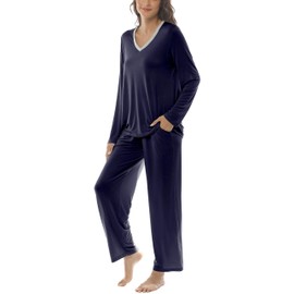 MoFiz Women's Long Pajama Pants Cotton Pajama Set V Neck Sleepwear Pjs Nightwear Short Top Navy,L