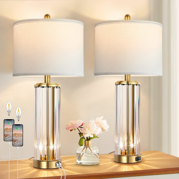 QiMH Gold Table Lamps for Bedroom Set of 2 with Nightlight, Modern Clear Crystal Bedside Lamp with 2 USB Charging Port, White Drum Shade Nightstand Light for Living Room Home Decor(2 Bulbs Included)
