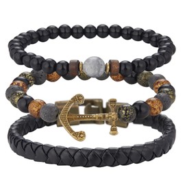 Dazylleco Pack of 3 Pearl Bracelets for Men Natural Stone Bracelet Black Stainless Steel Leather Bracelet Adjustable Jewellery Set Men's Gift Father's Day for Men, Stone, No gemstone