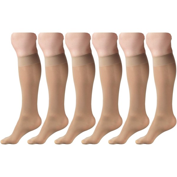 Sheer Compression Stockings, 8-15 mmHg, Women's Knee High Length, 20 Denier Beige Medium (6 Pairs)