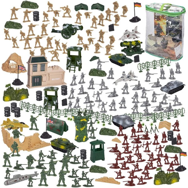 Blue Panda 300-Piece Army Action Figures Set, Military Toy Soldier Playset Tanks, Planes, Flags Battlefield Accessories Party Display