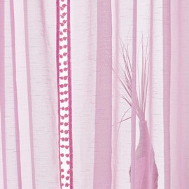 Pom-Pom Sheer Curtains for Bedroom 84 inches Linen Textured Look Pink Sheer Window Draperies for Girl's Room, 52" w x 2 Panels, Red, Rod Pocket
