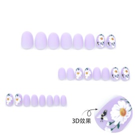 ORZOLATENT Purple Matte Daisy Flower Press-On Nails Kit, 24 Pieces with Jelly Glue, Stick, Alcohol Wipe, and File, Floral Design, Long-Lasting and Easy to Apply for Women, Ideal for all seasons