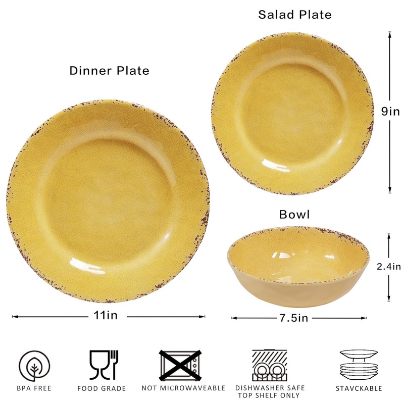 ZAROCRUS 12-Piece Rustic Melamine Dinnerware Set With Dinner Plate, Salad