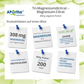 APOrtha Magnesium Citrat 400g veganes Pulver wasserfrei I Nahrungsergänzungsmittel Magnesium Citrate wasserlöslich I Magnesiumcitrat ohne Zusatzstoffe I Trimagnesiumdicitrat
