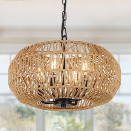 Farmhouse Rattan Pendant Lights - 4-Light Boho Chandelier Fixture, Wicker Hand Woven Basket Pendant Hanging Light for Dining Room, Living Room, Kitchen Island