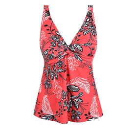 Hilor Women Tummy Control Swimsuit Top Underwire Tankini Bathing Suit Tops Flared Flowy Swim Top Only Red&White Floral 10