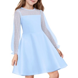 Flypigs Girl's Mesh Dress Long Sleeve High Waist Princess Birthday Party Blue Tween Sundress for 7-8 Years