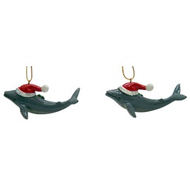 Whale in Santa Hat Christmas Ornament, Nautical Hanging Decor, 4 Inches, Set of 2