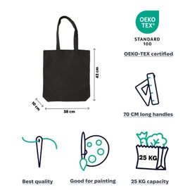 SCANDBAGS Large Cotton Bag - with Wide Base - with Long Handle - Bag for Washing - Fabric Bag for Painting - Blank - Jute Bag - 38 x 42 x 10 cm - Pack of 2, black