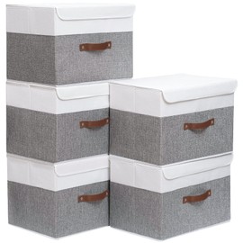 Yawinhe 25 Quart Storage Boxes with Lids, Linen Fabric Storage Bin Cube Organizer Basket, Washable and Leather Handle, for Home, Closet, White/Grey, 15.0''Lx9.8''Wx9.8''H, 5-Pack, USNK024WGL-5