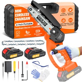 Mini Chainsaw Cordless,6 Inch Portable Electric Handheld Chain Saw with 2 Pack 2000mAh Rechargeable Batteries,Electric Hand Saw for for Wood Cutting Tree Trimming DIY Projects Gardening Camping,Orange