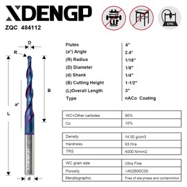 XDENGP Spiral Tapered Ball Nose Spiral Router Bit for CNC, 2.4 Deg 1/8" Tip Dia, 4 Flute and 1-1/2 inch Cutting Length 1/4 inch Shank with NACO Coated Carbide End Mill for Wood 2D/3D Carving