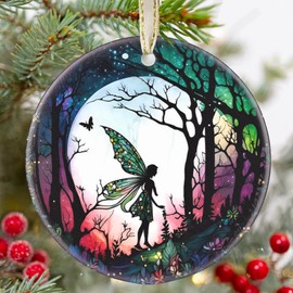 Christmas Ornament - Fairy Decor Round Ceramic - Fairy Hanging Ornament - Christmas Tree Decor - Ornaments for Christmas Tree - Gifts for Fairy Lovers - Fairy Themed Gifts