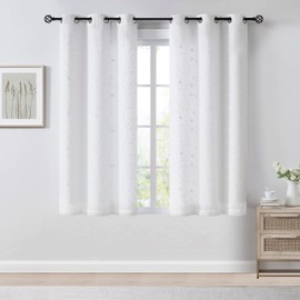 Bujasso Floral Semi Sheer White Curtains 63 inch Embroidered Leaf Patterned Window Curtain Panels with Lined Privacy Farmhouse Light Filtering Drapes for Living Room Bedroom Grommet Top W38 xL63 x2