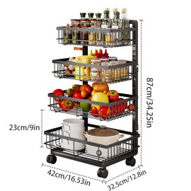 Aupekro 4-Tier Kitchen Storage Cart, Metal Utility Rolling Cart with Wheels, Versatile Rolling Storage Snack Cart, Adjustable Fruit Vegetable Basket Rack for Pantry, Bathroom, Kitchen, Office (Black)