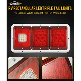 Partsam 2x LED Triple Tail Lights 45 LEDs, Rectangle Vertical or Horizontal Mount LED Trailer Camper RV Tail Lights Stop Turn Tail Backup Reverse Lights Taillights w/White Base - Red/Clear Lens 12V