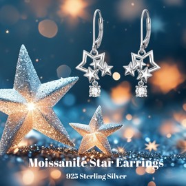 925 Sterling Silver Star Earrings for Women, Dangle Drop Moissanite Star Earrings, Moissanite Jewelry Gift for Mother Wife Lover Birthday Anniversary Christmas (Style 4)