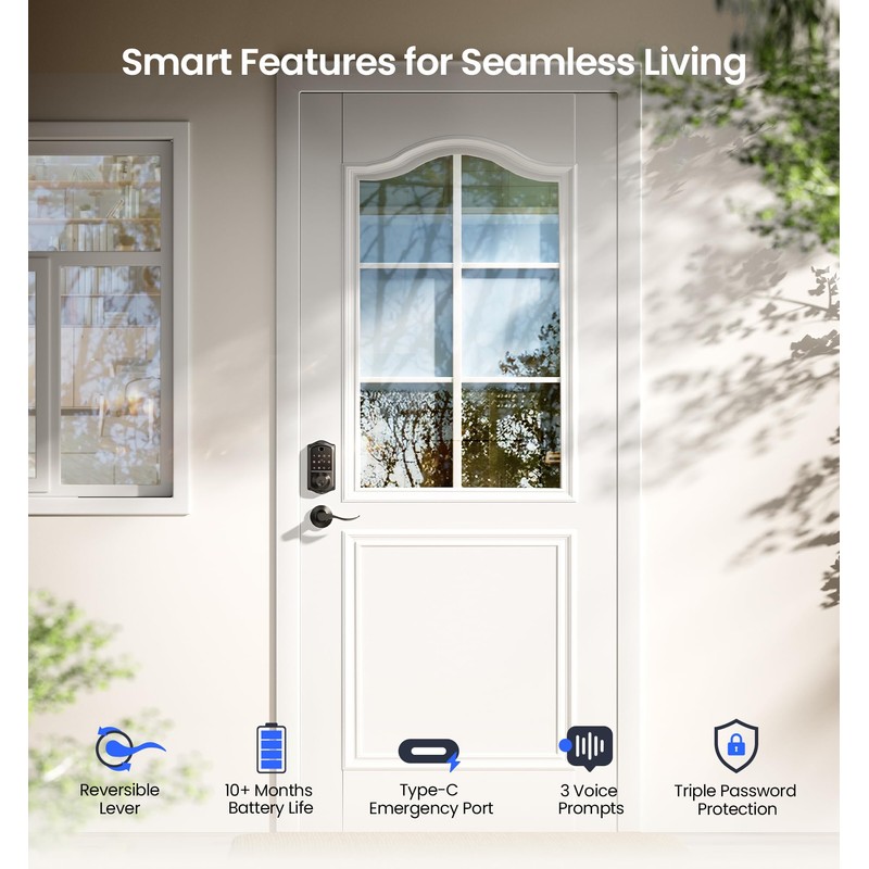 Veise VE017-L Fingerprint Smart Lock with 2 Lever Handles, Keyless