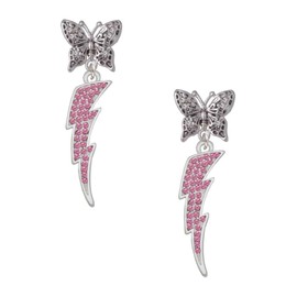 Delight Jewelry Silvertone Large Hot Pink Crystal Lightning Bolt Silvertone Antiqued Butterfly Post Earrings