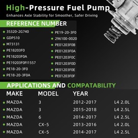 High Pressure Fuel Pump PE01203F0B Compatible with Mazda 3 / CX-5 2.0L 2.5L, Mazda 6 2.5L L4 SKYACTIV-G Engine Gas # GDP510 PE01-20-3F0B PE19-20-3F0 PE01-20-3F0C PE01-20-3F0D PE01203F0B HM10092