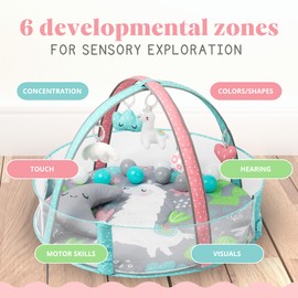 TODDLETUFF Baby Play Gym, Activity Mat | Baby Ball Pit Play Area with 5 Detachable Toys + Half Moon Pillow | Tummy Time Mat Promotes Motor Skills & Sensory Development [Llama Theme]