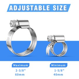 PEROMI 12Pcs Hose Clamps 304 Stainless Steel,1 5/8"-2 3/8" in (40-60mm) Adjustable Worm Gear Metal Pipe Hose Clamp,Fuel Line Heavy Duty Tube Clamp for Plumbing, Garden, Automotive and Industrial Use