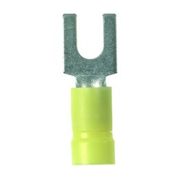 Panduit PV10-10F-L Fork Terminal, Vinyl Insulated, Funnel Entry, 14 - 10 AWG Wire Range, #10 Stud Size, Yellow, 0.04" Stock Thickness, 0.225" Max Insulation, 0.37" Terminal Width, 1.04" Terminal Length, 0.25" Center Hole Diameter (Pack of 50)