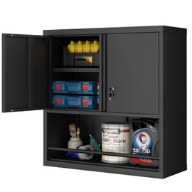 LUCYPAL Garage Storage Cabinet with Locking Doors and Shelves,Black Metal Wall Cabinets for Garage,Floating Upper Storage Cabinet for Warehouse/Basement/Kitchen/Home Office