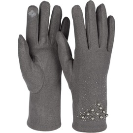 styleBREAKER 09010035 Women's Touchscreen Gloves with Rhinestones and Pearls, Fleece Lining, Warm Finger Gloves, Winter, darkgray