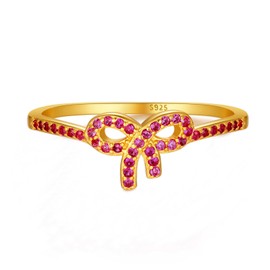 AIBELOPY Pink Bow Rings for Women Mother Daughter Knot Ring Friendship Rings Cubic Zirconia Bowknot 14K Gold Plating 925 Sterling Silver Rings CZ Stackable Rings Dainty Jewelry Valentine's Day Gifts,