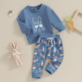 Toddler Baby Boys Girls Easter Outfit Bunny Sweatshirt Jogger Pant Set Infant Autumn/Winter Clothes (Blue, 6-12 Months)