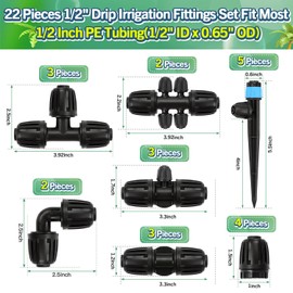 Kcropp 22 Pack Drip Irrigation Fittings Kit for 1/2 Inch Drip Tubing(1/2" ID x 0.65" OD), Anti-Drop Barbed 1/2'' Drip Line Connectors Include 3 Tees 3 Valves 2 Elbows 4 Plugs 5 Reducers 5 Emitters