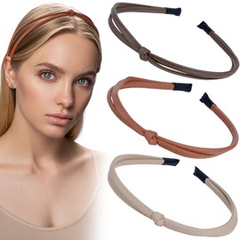 HINZIC 3 Pcs Leather Headbands for Women, Thin Knotted Headband Cute Fashion Head Bands Brown Hair Accessories for Girls Women's Hair