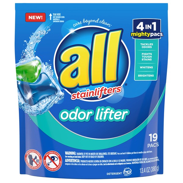 All all Mighty Pacs Laundry Detergent, 4 in 1 with Odor Lifter, Pouch, 19Count, 19 ct