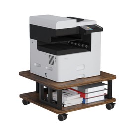 AOOSSI Mobile Printer Stand, 2-Tier Large Printer Shelf for Laser 3D Printer Office Machine with Storage, 23.6"x23.6" Wood Printer Cart Under Desk Rack with Wheels for Office Home Kitchen (Brown)