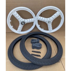 CycleDealsUSA 20" Bicycle Plastic WHITE 3-spoke Mag Wheels Black Tires Set GT Dyno Rims BMX