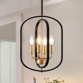 Black and Gold Chandelier for Dining Room, 4 Light Farmhouse Entryway Light Fixture, Adjustable Pendant Lights Kitchen Island Rustic Hanging Small Chandelier for Kitchen, Living Room, Foyer, Entryway