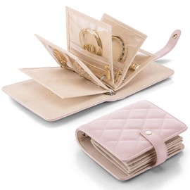 Vlando Travel Jewelry Organizer Case,Travel Gifts for Women,Portable Jewelry Storage Book Ring Binder with Clear Zipper Velvet Jewelry Pouch Bag-Pink