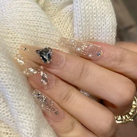 XUZOO 24 Pcs Nail Tips, Fake Nails, Short and Long, Cute, Stylish, Popular, Plain, Simple, Nail Stickers, False Nails, Nail Tool, Double-Sided Tape Included (Heart Crystal)