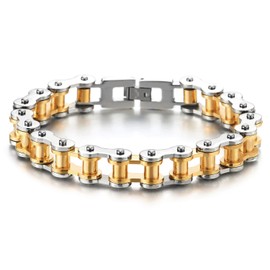 Masculine Mens Bike Chain Bracelet of Stainless Steel Silver Gold Two-Tone High Polished