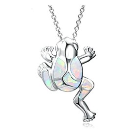 Cute Animal Frog Necklace Pendant Funny Toad Frog White Blue Opal Necklace for Women Men Teen Jewelry Gift, Metal, No Gemstone