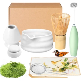 Juego de batidor de matcha y tazón, kit de fabricación de matcha batidora, tazón con boquilla, tamiz de iniciación en polvo, soporte de batidor de