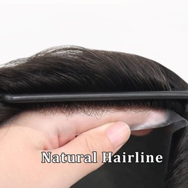 Lavishairs 0.06-0.08mm Full PU Men Toupee Human Hair Prothesis Men's Wigs Human Hairpieces Replacement System Mixed Grey/Brown Male Wig Natural Hairline Single Knot 30mm Wave 120% Density (#1B)