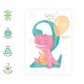 CENTRAL 23 2nd Birthday Card for Girl - Daughter Birthday Card Age Two - Milestone Baby Greeting Cards 2 Year Old - Dinosaur Birthday Card for Kids - Second Bday - Comes With Fun Stickers