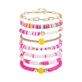 COLORFUL BLING 5-12Pcs Bohemian Love Heart Bead Bracelets for Women Vinyl Disc Heishi Surfer Stackable Stretch Bracelet Summer Beach Boho Jewelry, 6.27 inch / 15.93 cm, beads, bead