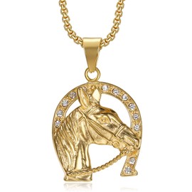 NEGS Collar de acero inoxidable chapado en oro de 18 quilates con colgante de caballo de la suerte, 2 unidades de 20 24 pulgadas, cadenas de capas de hip hop, herradura, joyería de fiesta, regalo de